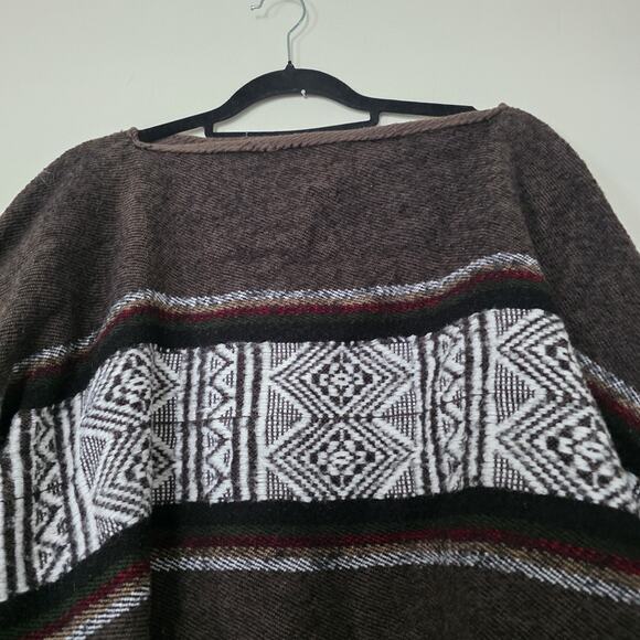 Vintage Virgin Wool Blanket Poncho OS Western Aztec Fringe Boho Brown Shawl Wrap - Picture 2 of 8